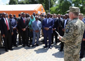 Presidents and Heads of Delegation being briefed by a Ukrainian Millitary officer at st. Michael's (Mykhailivska) Square during exhibition of destroyed Russian Hardware