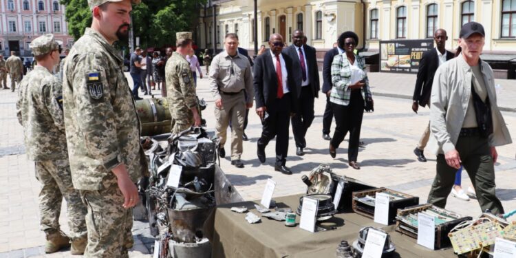 Ugandan Delegation led by Dr. Ruhakana Rugunda arriving at st. Michael's (Mykhailivska) Square for an overview of the destroyed military hardware