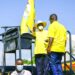 President Yoweri Museveni handing over the NRM flag to NRM Flag Bearer of Oyam North constituency Engola Okello Samuel the son of the late of Rtd. Col. Charles Ongola Macodwogo at Otwal Primary School Otwal Sub-County, Oyam District on 4th July 2023. Photo by PPU/Tony Rujuta.