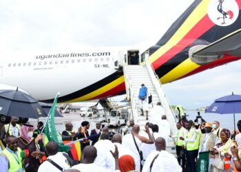 Muslim pilgrim on their way to Mecca aboard Uganda Airlines recently