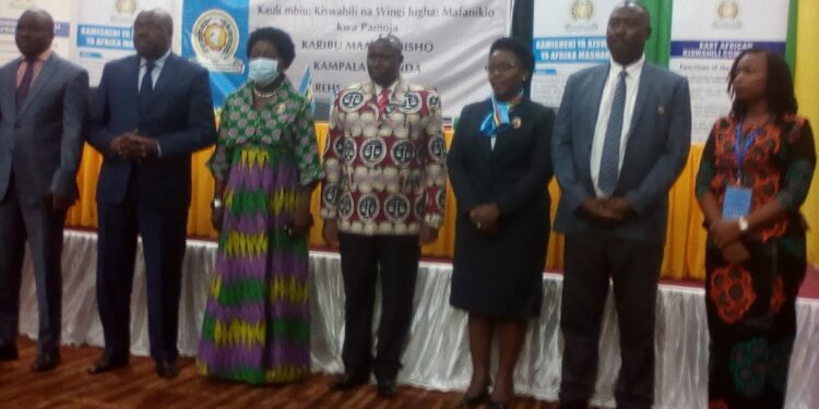 First Deputy Prime Minister and Minister for EAC Affairs Rebecca Kadaga and other dignitaries during the marking of World Kiswahili Day at Hotel Africana on Thursday