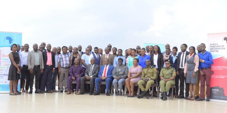 Participants in the AFIC training on freedom of expression, access to information for promotion of free & fair elections in Uganda gather for a photo moment at Skyz Hotel Naguru. July 13th, 2023