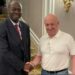 This image obtained by BBC showing Mapouka & Mr. Prighozin shaking hands, was posted on Facebook by Dmitry Sytyy, head of Wagner operations in CAR