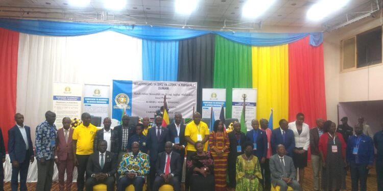 Front row from right: Hon. Dr. JC Muyingo, Rt.Hon. Rebecca Kadaga & Rt. Hon. Robinah Nabbanja join other high-level dignitaries for a photo moment at Hotel Africana, during the 2nd EAC World Kiswahili Language Day Celebrations, July 7th, 2023.