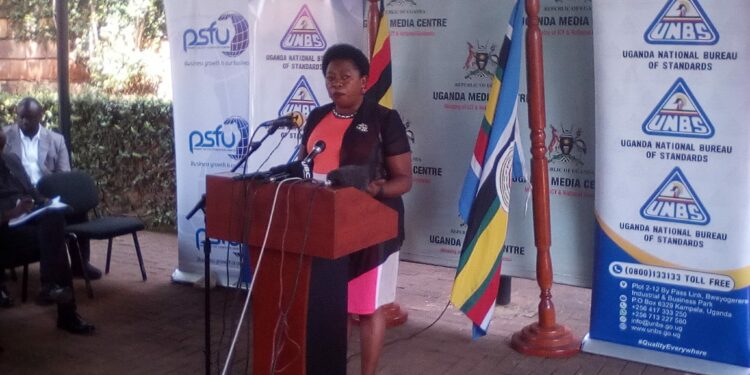 Minister of State for Trade Harriet Ntabazi addressing Journalists at Uganda Media Centre on Friday