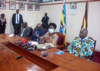 Rt Hon. Rebecca Kadaga (Centre) addressing Journalists at the Ministry of EAC Affairs in Kampala on Wednesday