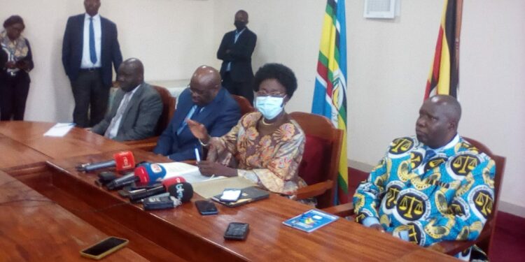 Rt Hon. Rebecca Kadaga (Centre) addressing Journalists at the Ministry of EAC Affairs in Kampala on Wednesday