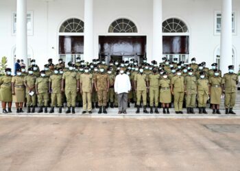 President Yoweri Museveni in a group photo with CID Officers after Lecture on Opportunity to the CID Officers from Kabalye Training School, this was at the State House Entebbe on 4th August 2023. Photo by PPU/ Tony Rujuta.