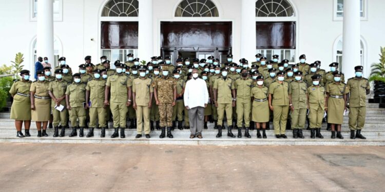 President Yoweri Museveni in a group photo with CID Officers after Lecture on Opportunity to the CID Officers from Kabalye Training School, this was at the State House Entebbe on 4th August 2023. Photo by PPU/ Tony Rujuta.