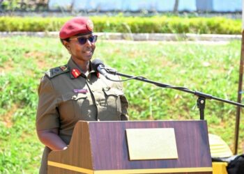 Deputy Commander of Special Force Command (SFC) Brig Gen Charity Bainababo delivers a speech to the newly promoted Police Presidential Guard (PPG) during the piping Ceremony of PPG officers at the SFC Headquarters in Entebbe on 16th August 2023. Photos by PPU/Tony Rujuta.