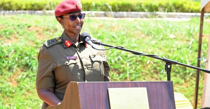 Deputy Commander of Special Force Command (SFC) Brig Gen Charity Bainababo delivers a speech to the newly promoted Police Presidential Guard (PPG) during the piping Ceremony of PPG officers at the SFC Headquarters in Entebbe on 16th August 2023. Photos by PPU/Tony Rujuta.