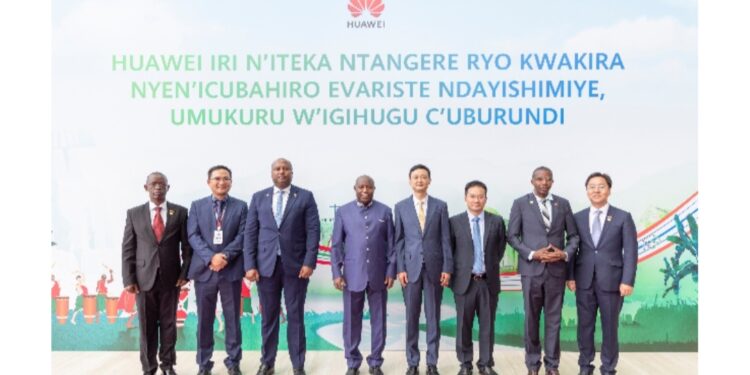 His Excellency the President of the Republic of Burundi (Middle-left) with the delegation and The Senior Vice President of Huawei and President of Public Affairs and Communications group photo at the Huawei Research Center in Shanghai.
