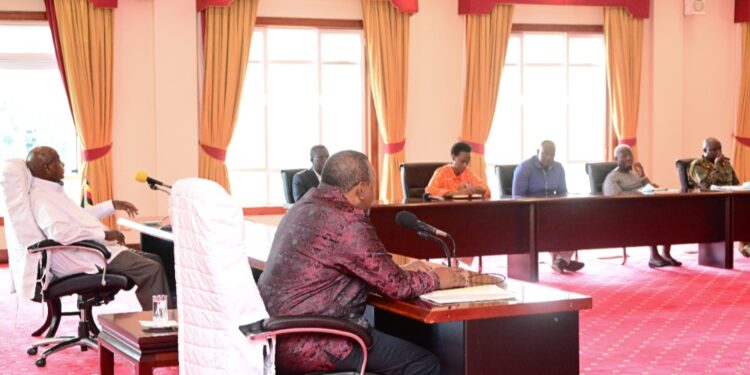 President Museveni, Kenya's former president Uhuru Kenyatta and the DRC Peace Process Secretariat in a meeting at State House-Entebbe