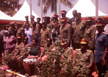Senior Officers retired from UPDF pose for a group photo at Mbuya Ministry of Defense and Veteran Affairs on Friday