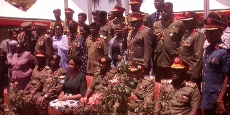 Senior Officers retired from UPDF pose for a group photo at Mbuya Ministry of Defense and Veteran Affairs on Friday