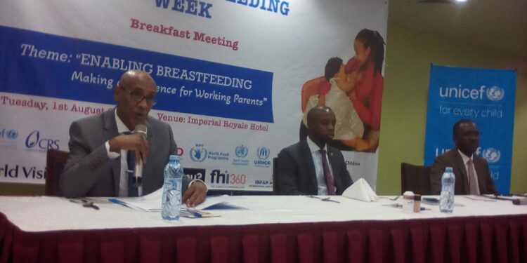 UNICEF Uganda Country Representative Mr. Munir A. Safieldin on the left, addressing participants during launch of the World Breastfeeding Week at Kampala Imperial Royal Hotel on Tuesday