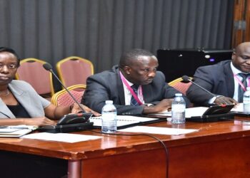 L-R: Amolatar District Chairperson, Geoffrey Ocen, Hon. Okot, Hon. Mutebi and Minister Magyezi at the Parliament press briefing