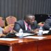 L-R: Amolatar District Chairperson, Geoffrey Ocen, Hon. Okot, Hon. Mutebi and Minister Magyezi at the Parliament press briefing