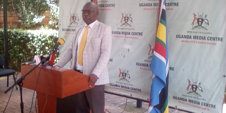 Dominique Mafwabi Gidudu, Minister of State for the elderly persons addressing Journalists at the Uganda Media Centre in Kampala on Tuesday