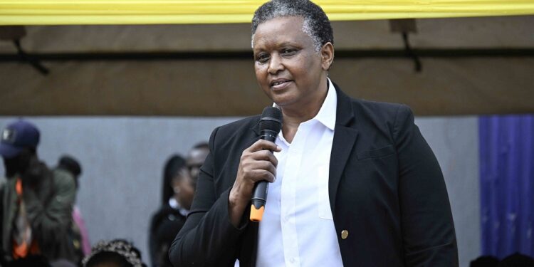 Presidential Initiative on skilling the Girl/Boy Child project Head Dr. Faith Katana Mirembe making her remarks to the guests during a function as students of the PISG/B show case their work at the PISG/B Wandegeya branch in Kampala on 11th September 2023. Photo by PPU/ Tony Rujuta.