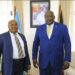 Godfrey Kirumira shares a photo moment with State Minister for Foreign affairs Okello Oryem after presenting his Credentials to him as new Honorary Consul for Namibia to Uganda at the Ministry of Foreign Affairs in Kampala recently