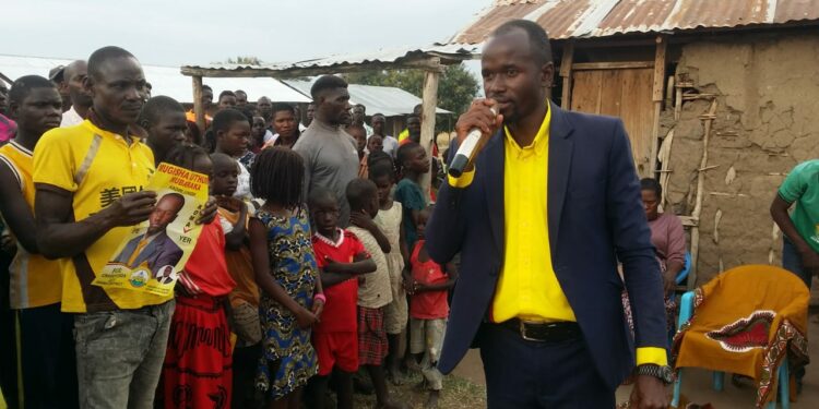 Uthman Mubarak Mugisha addresses supporters at an undislosed location in Hoima district