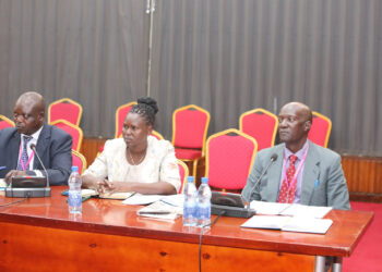 Karenga district officials (L-R): John Bosco Okello (PDM Focal Person), Hellen Auma and Charles Uma (CAO, Karenga district) appearing before the Committee on Public Service on Monday 23 October 2023.