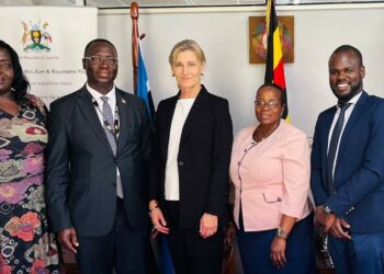 Ambassador Hermansen (center), Permanent Secretary Aggrey Kibenge(second left), Commissioner Angela Nakafeero (second right) and other officials during the courtesy visit at the Ministry of Gender offices in Kampala