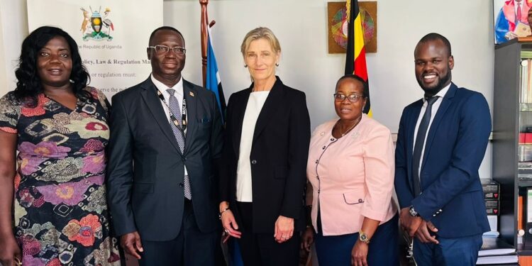 Ambassador Hermansen (center), Permanent Secretary Aggrey Kibenge(second left), Commissioner Angela Nakafeero (second right) and other officials during the courtesy visit at the Ministry of Gender offices in Kampala