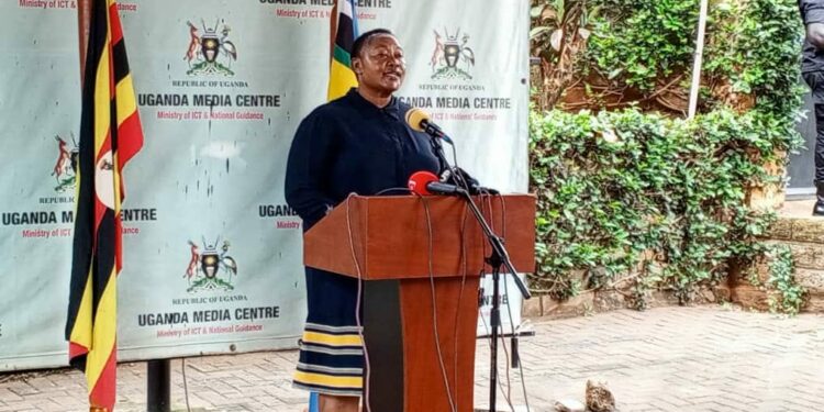 Minister Babirye Milly Babalanda addressing Journalists at the Uganda Media Centre on Tuesday