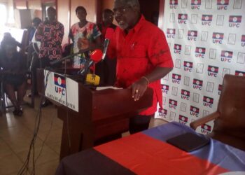 UPC Party President Hon Jimmy Akena addressing Journalists at the Party Headquaters located at Uganda House in Kampala on Monday