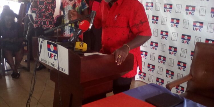 UPC Party President Hon Jimmy Akena addressing Journalists at the Party Headquaters located at Uganda House in Kampala on Monday