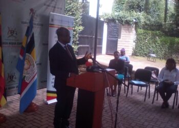 Dr. Nelson Musoba, Uganda Aids Commission Director General addressing Journalists at the Uganda Media Centre on Tuesday