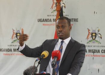 State Minister for Tourism Hon. Martin Bahinduka speaking to the media at the launch of the Pain Upe Lokichar conservation area grand promotional tour at the Media centre in Kampala