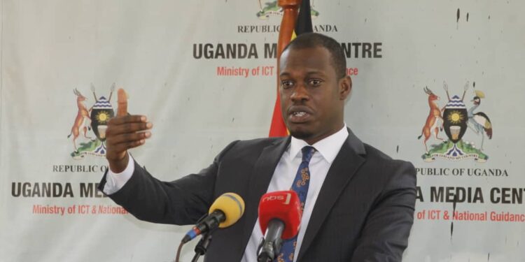 State Minister for Tourism Hon. Martin Bahinduka speaking to the media at the launch of the Pain Upe Lokichar conservation area grand promotional tour at the Media centre in Kampala