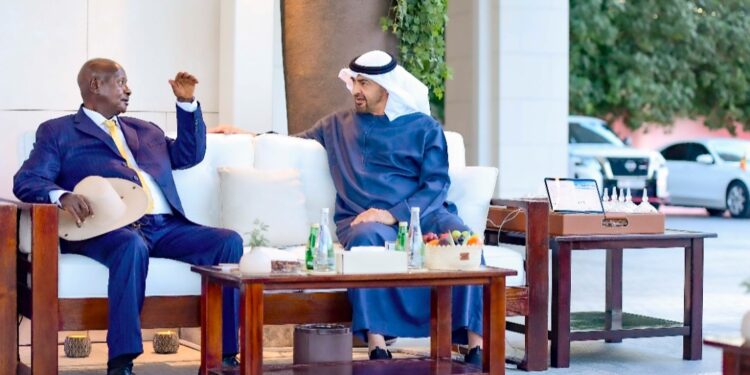Abu Dhabi, UAE - President Museveni meets Sheikh Mohamed bin Zayed Al Nahyan at Presidential Palace -
