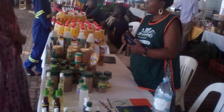 An organic products exhibitor explaining her products to customers at Hotel Africana on Tuesday