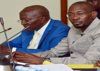 The Minister of State for Trade (Cooperatives), Hon. Frederick Ngobi Gume (left) and the Deputy Attorney General, Hon. Jackson Kafuuzi, before the Committee on Tourism, Trade and Industry on Thursday 30 November 2023