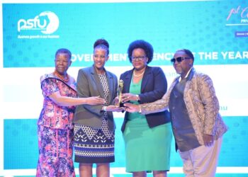 Hon. Victoria Sekitoleko, Chairperson, Uganda Agribusiness Alliance, Freda Bwiizi, Director Planning & Res...rar General, Mercy K. Kainobwisho & Daniel Kazibwe, Chairman, National Cultural Forum displaying URSB's best agency award