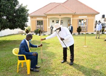 President Museveni with Hon. Fred Byamukama, who was installed as heir of Mzee Kamanyire