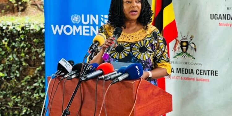 Ms. Paulina Chiwangu, UN Women Country Representative addressing Journalists at the Uganda Media Centre in Kampala on Tuesday