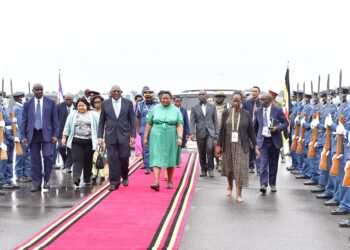 Vice President of the of Cuba H.E. Salvador Valdes Mesa being received by the Minister of Presidency Babirye Babalanda