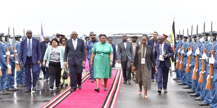 Vice President of the of Cuba H.E. Salvador Valdes Mesa being received by the Minister of Presidency Babirye Babalanda