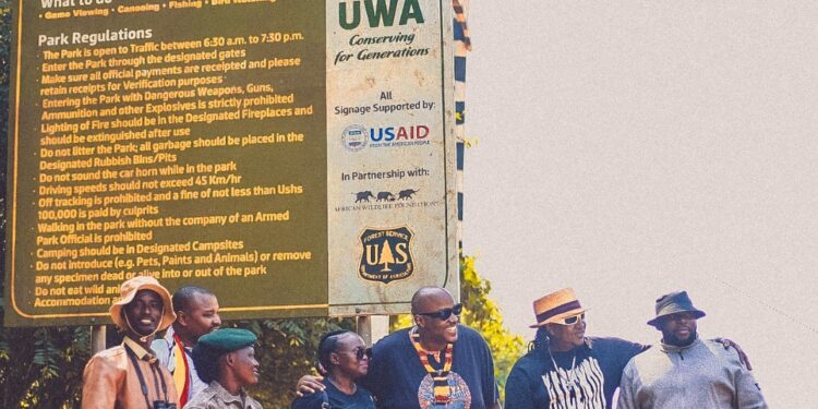 Legendary Producer Magic Washington (second left), critically acclaimed Da Mith (centre) and a couple of other crew mates at a recent pre-vist to Lake Mburo National park where they will all be from the 15th to the 18th of February for the Love in the Wilderness Adventure