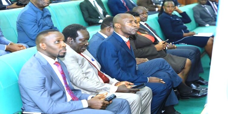 The LoP, Hon. Joel Ssenyonyi (L) and members of his cabinet attending the plenary on Tuesday, 06 February 2024