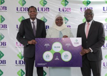 Sarah Wasagali (c) is flanked by UDB Ag. MD Denis Ochiend (L) and Dr.David Alobo at Nkonge Solar Plant during a press briefing on Wednesday