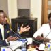 Finance Committee Chairperson, Hon. Amos Kankunda, (left) and the Executive Director UMRA, Ms. Edith Tusuubira, during the committee meeting on Monday 26 February 2024