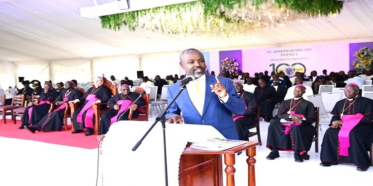 The Deputy Speaker, Thomas Tayebwa, speaking at the centennial celebrations at St Joseph's Seminary on Saturday, 16 March 2024