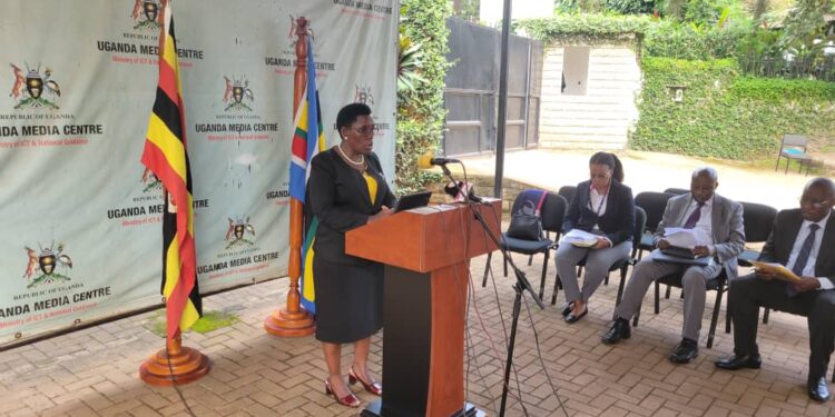 Hon. Mary Mugasa addressing Journalists at the Uganda Media Centre on Thursday