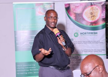 Fred Zake, the Executive Director of Hortifresh Association Uganda Limited, making his keynote on the Food Safety Dialogue at Fairway Hotel in Kampala.